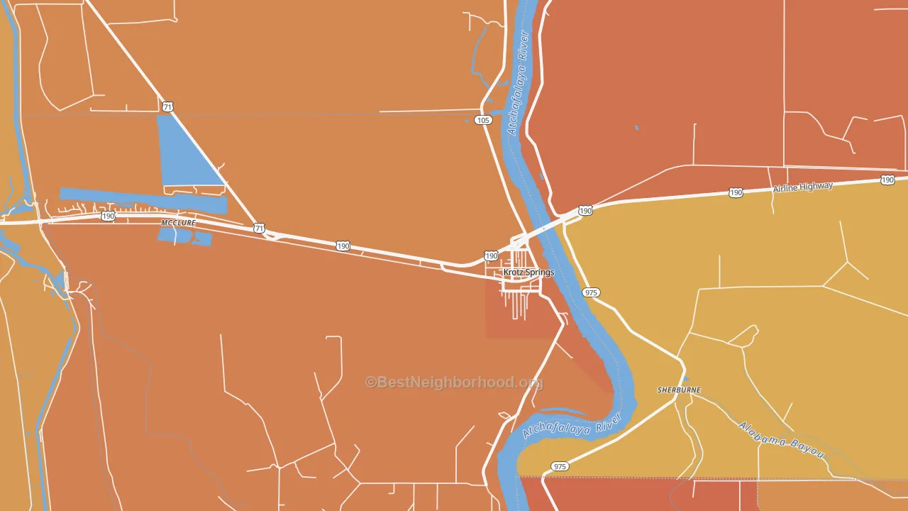 Map of the best neighborhoods in the Krotz Springs area, with better matches in green and worse matches in red