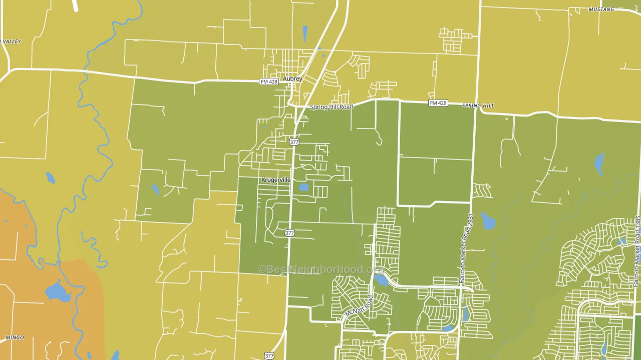 Map of the best neighborhoods in the Krugerville area, with better matches in green and worse matches in red