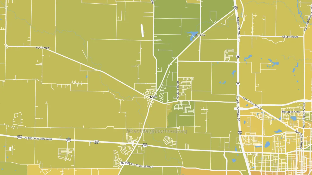 Map of the best neighborhoods in the Krum area, with better matches in green and worse matches in red