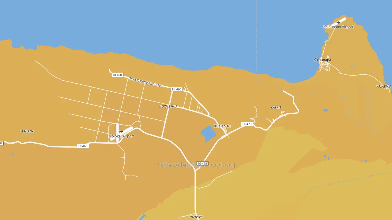 Map of the best neighborhoods in the Kualapuu area, with better matches in green and worse matches in red