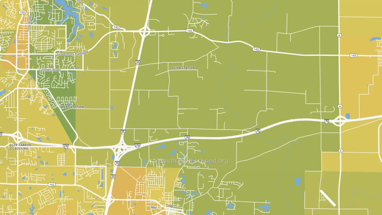 Map of the best neighborhoods in the Kuhn Station area, with better matches in green and worse matches in red