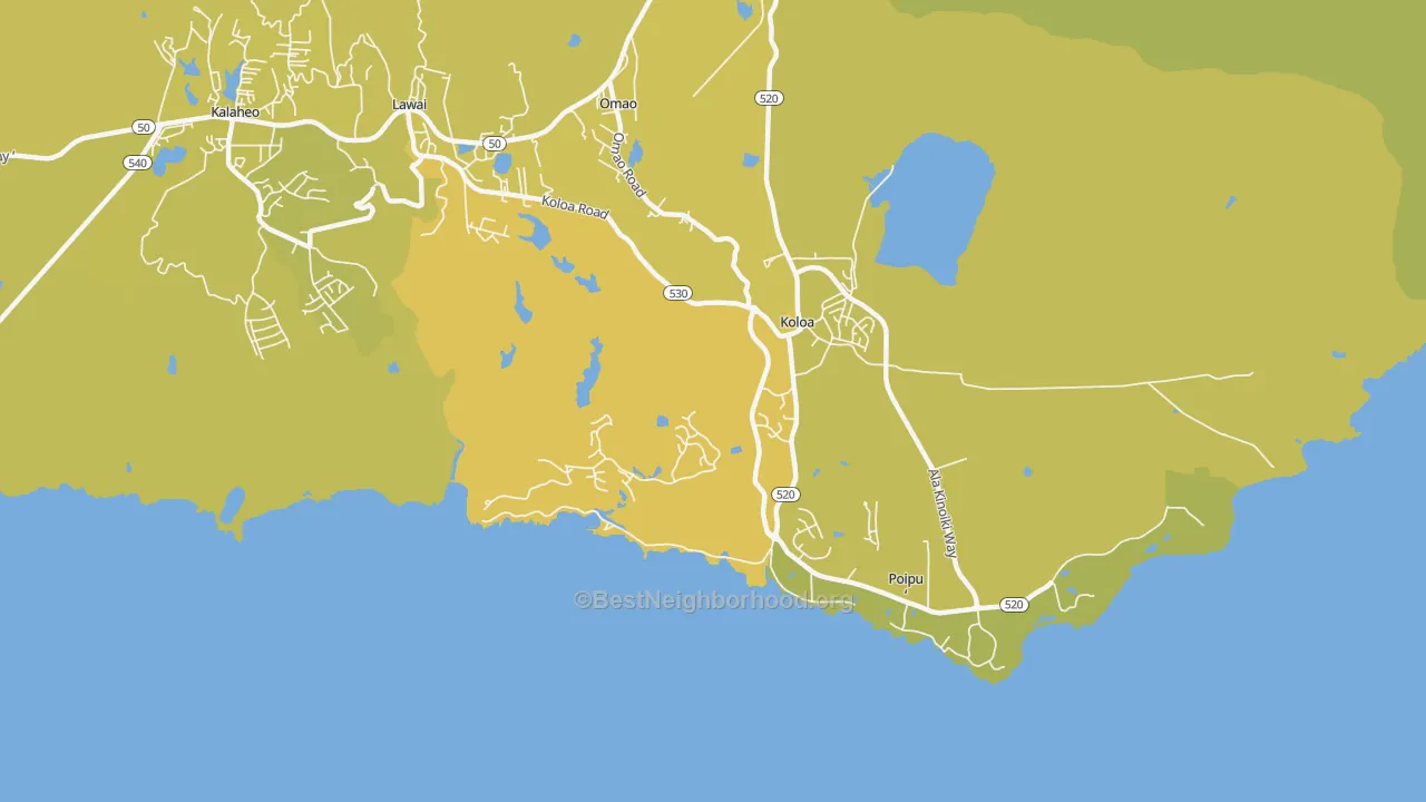 Map of the best neighborhoods in the Kukuiula area, with better matches in green and worse matches in red