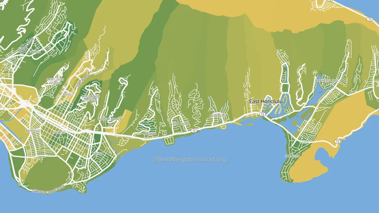 Map of the best neighborhoods in the Kuliouou-Kalani Iki, East Honolulu area, with better matches in green and worse matches in red