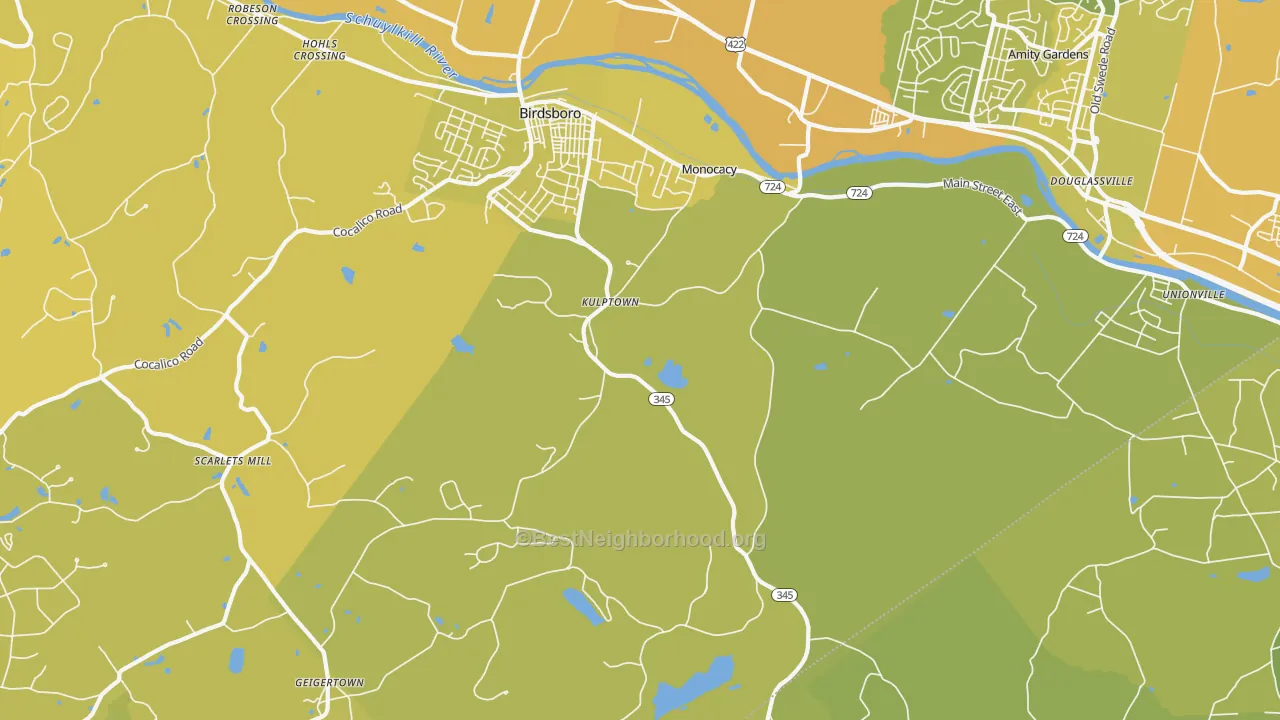 Map of the best neighborhoods in the Kulptown area, with better matches in green and worse matches in red
