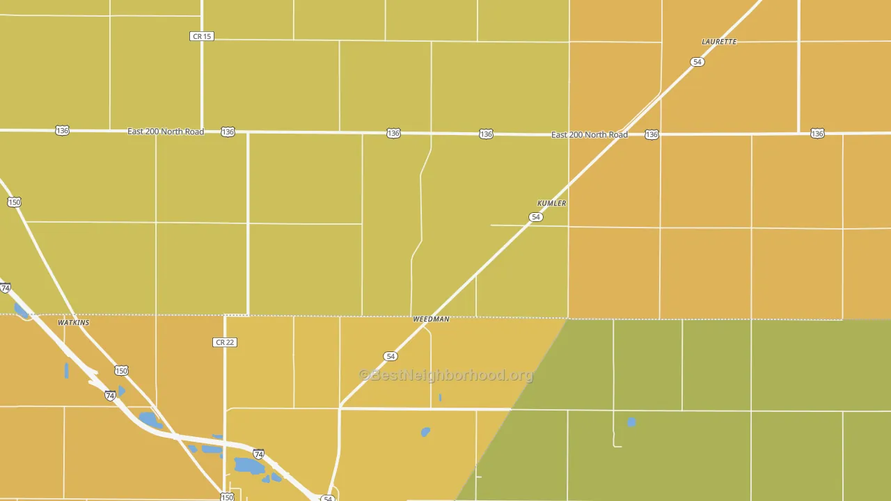 Map of the best neighborhoods in the Kumler area, with better matches in green and worse matches in red