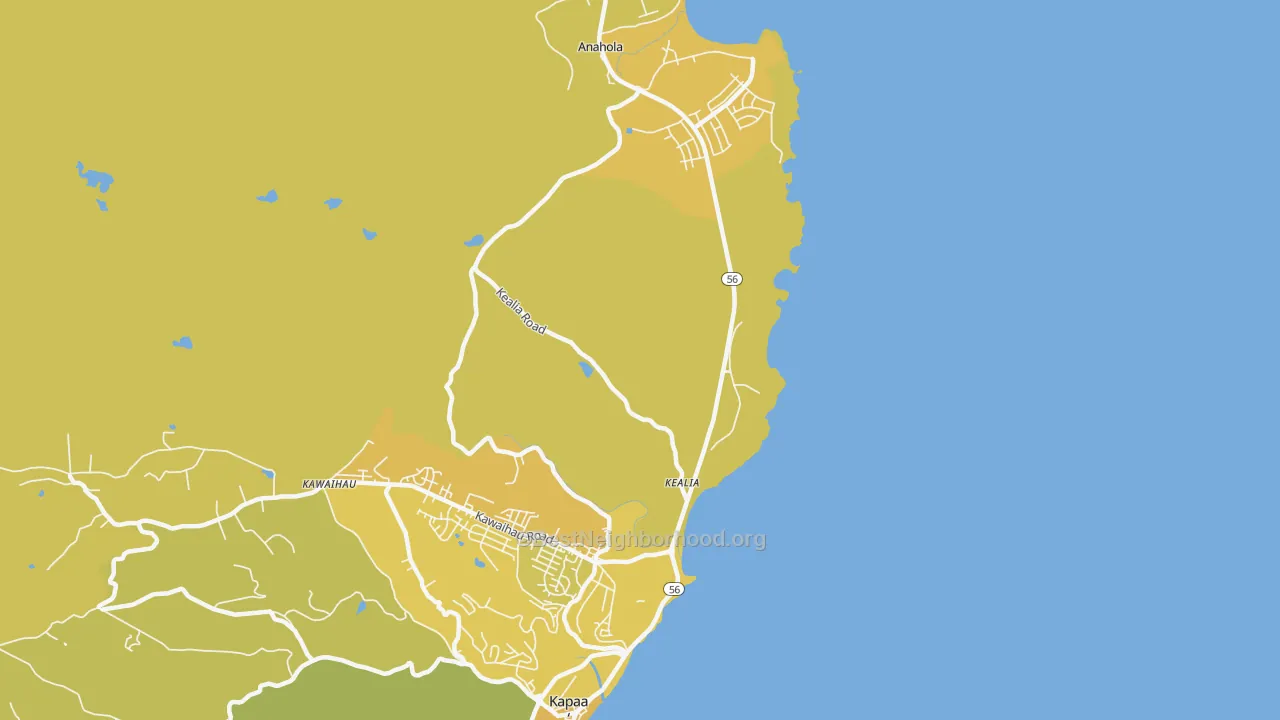 Map of the best neighborhoods in the Kumukumu area, with better matches in green and worse matches in red
