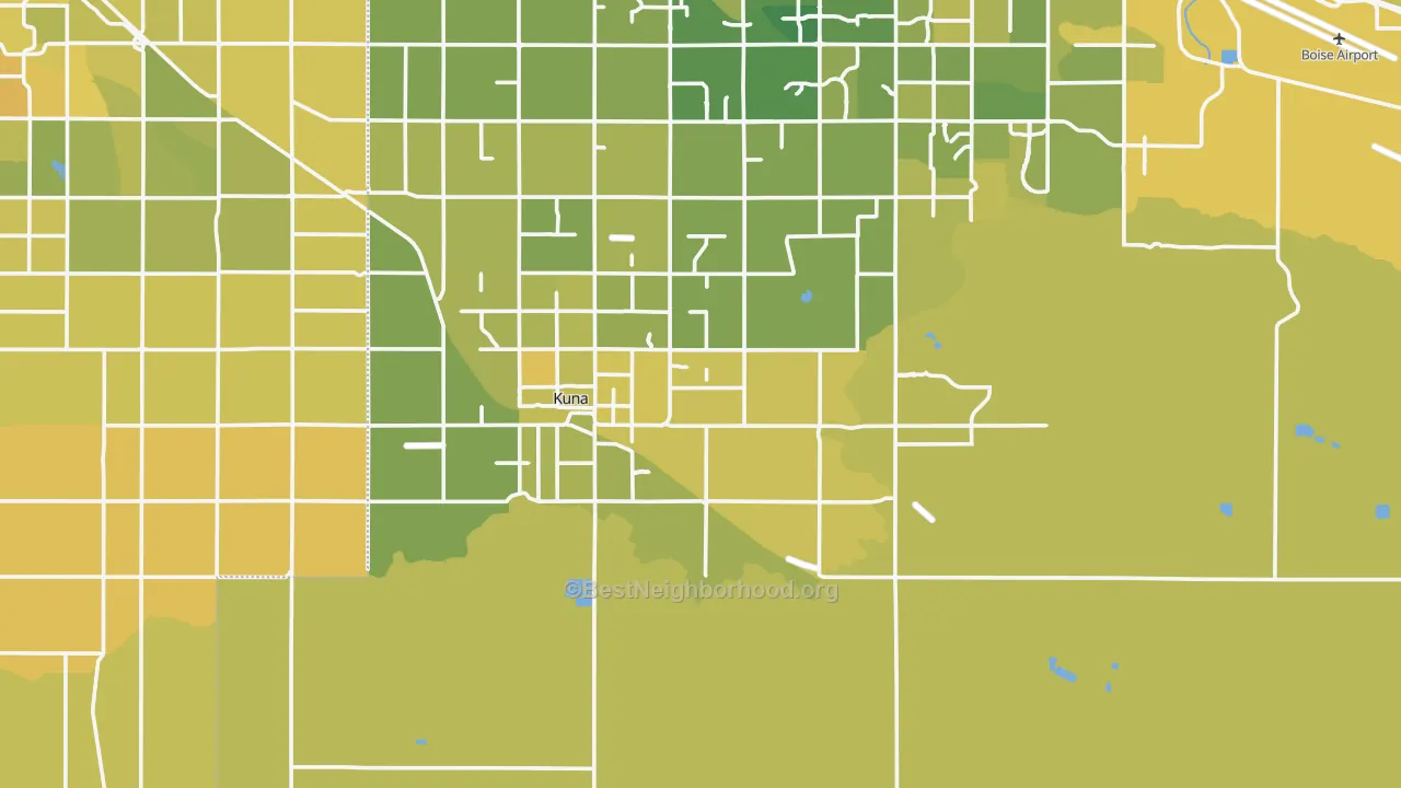 Map of the best neighborhoods in the Kuna area, with better matches in green and worse matches in red