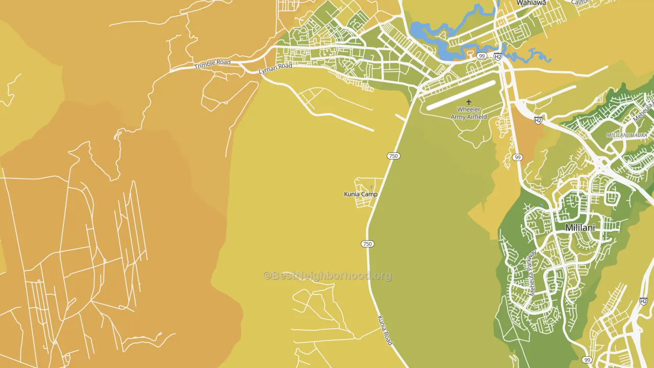 Map of the best neighborhoods in the Kunia area, with better matches in green and worse matches in red