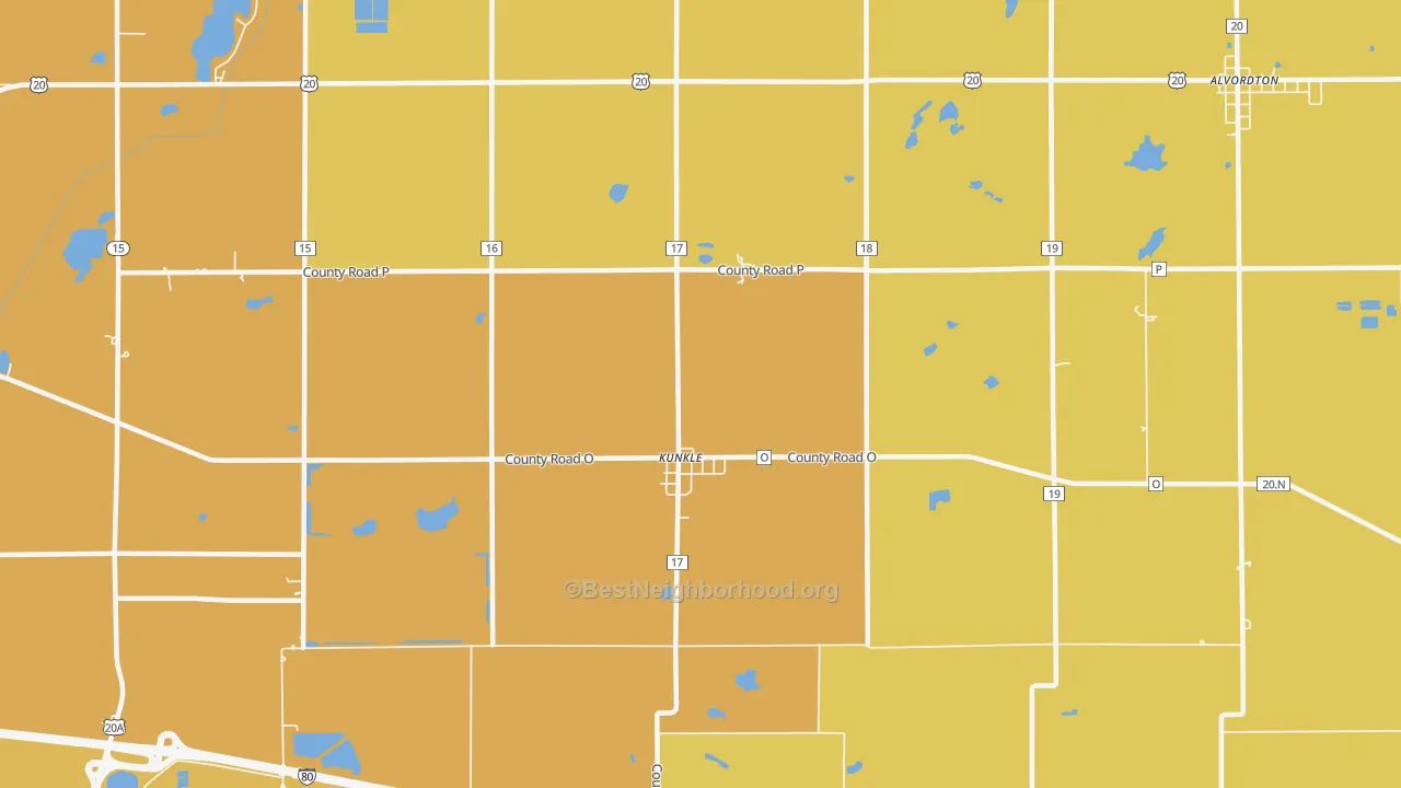 Map of the best neighborhoods in the Kunkle area, with better matches in green and worse matches in red