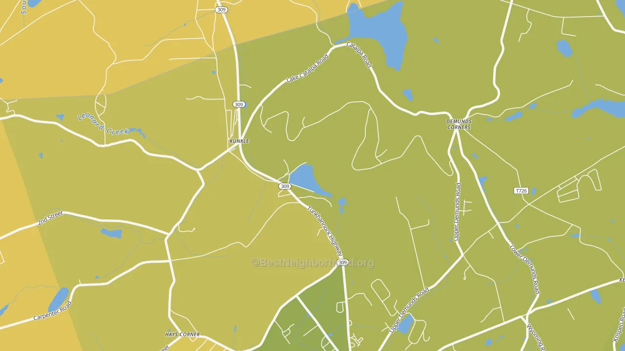 Map of the best neighborhoods in the Kunkle area, with better matches in green and worse matches in red
