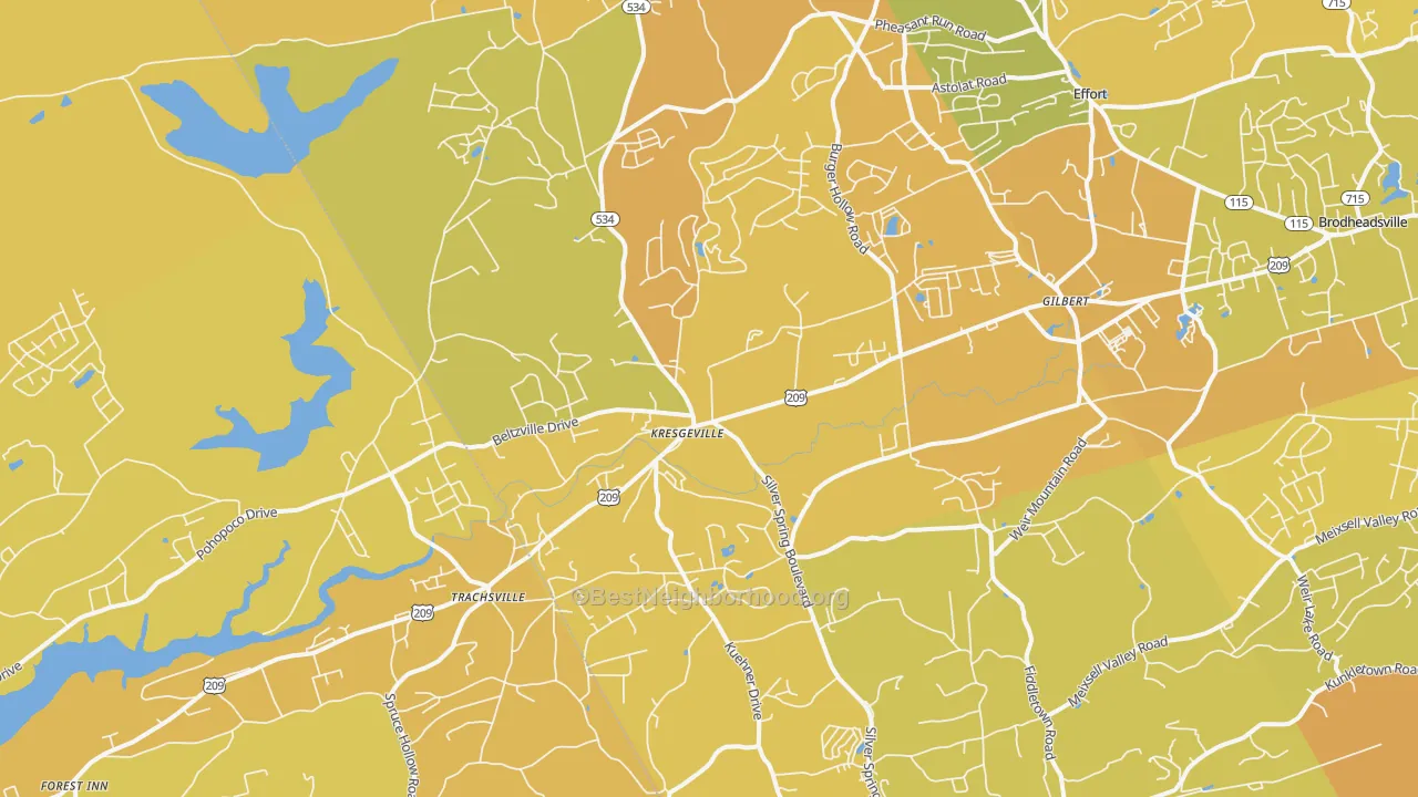 Map of the best neighborhoods in the Kunkletown area, with better matches in green and worse matches in red