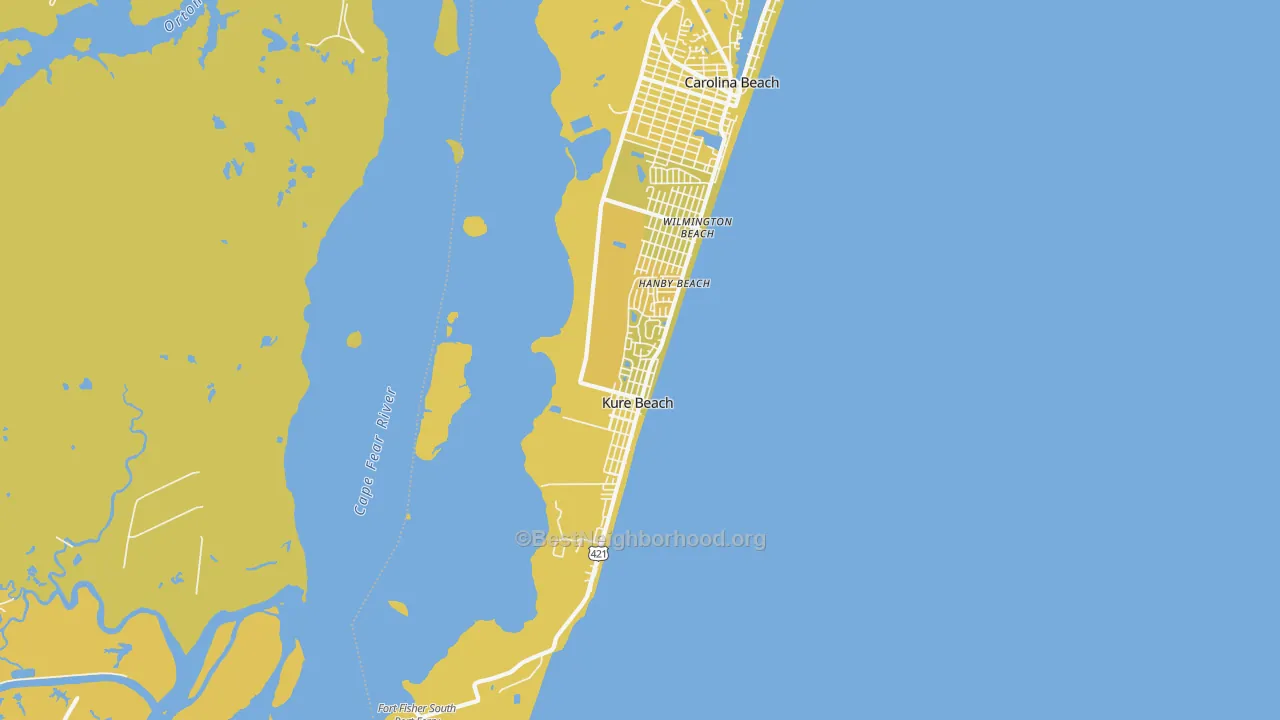 Map of the best neighborhoods in the Kure Beach area, with better matches in green and worse matches in red