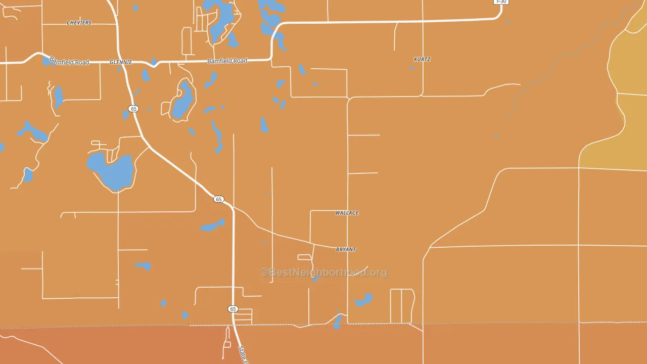 Map of the best neighborhoods in the Kurtz area, with better matches in green and worse matches in red