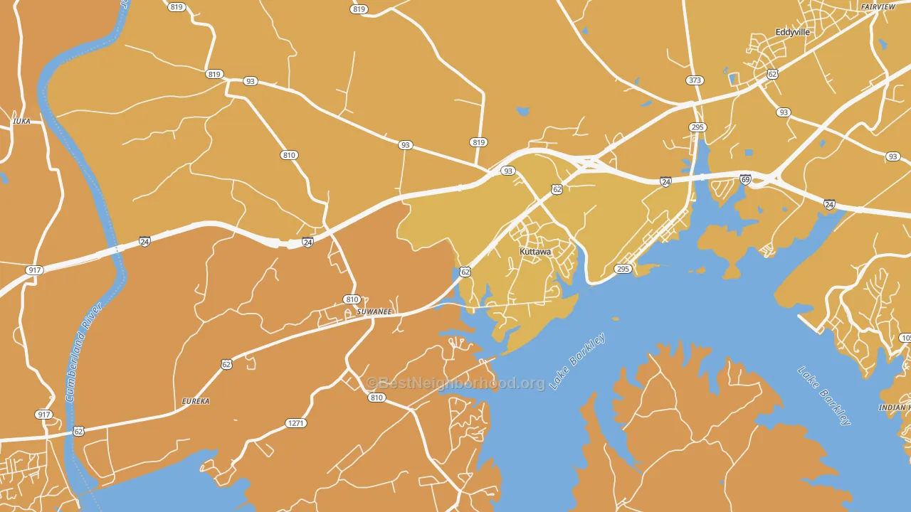 Map of the best neighborhoods in the Kuttawa area, with better matches in green and worse matches in red