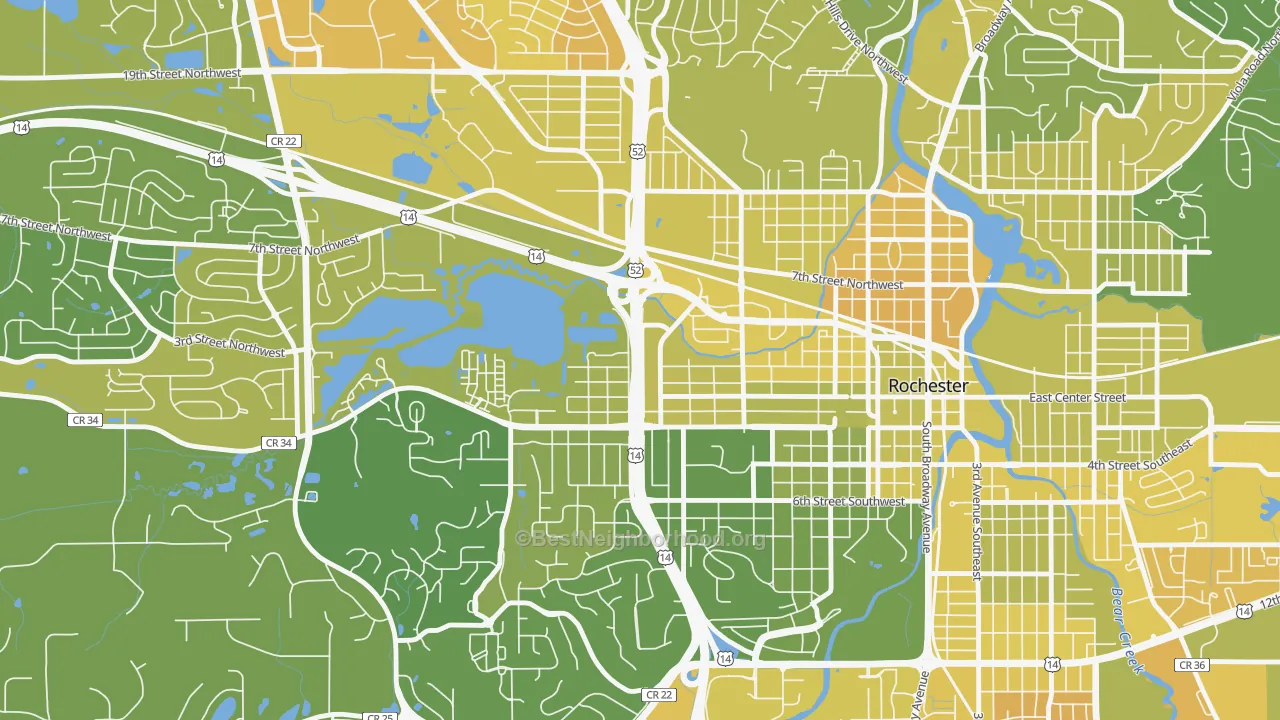 Map of the best neighborhoods in the Kutzky Park, Rochester area, with better matches in green and worse matches in red