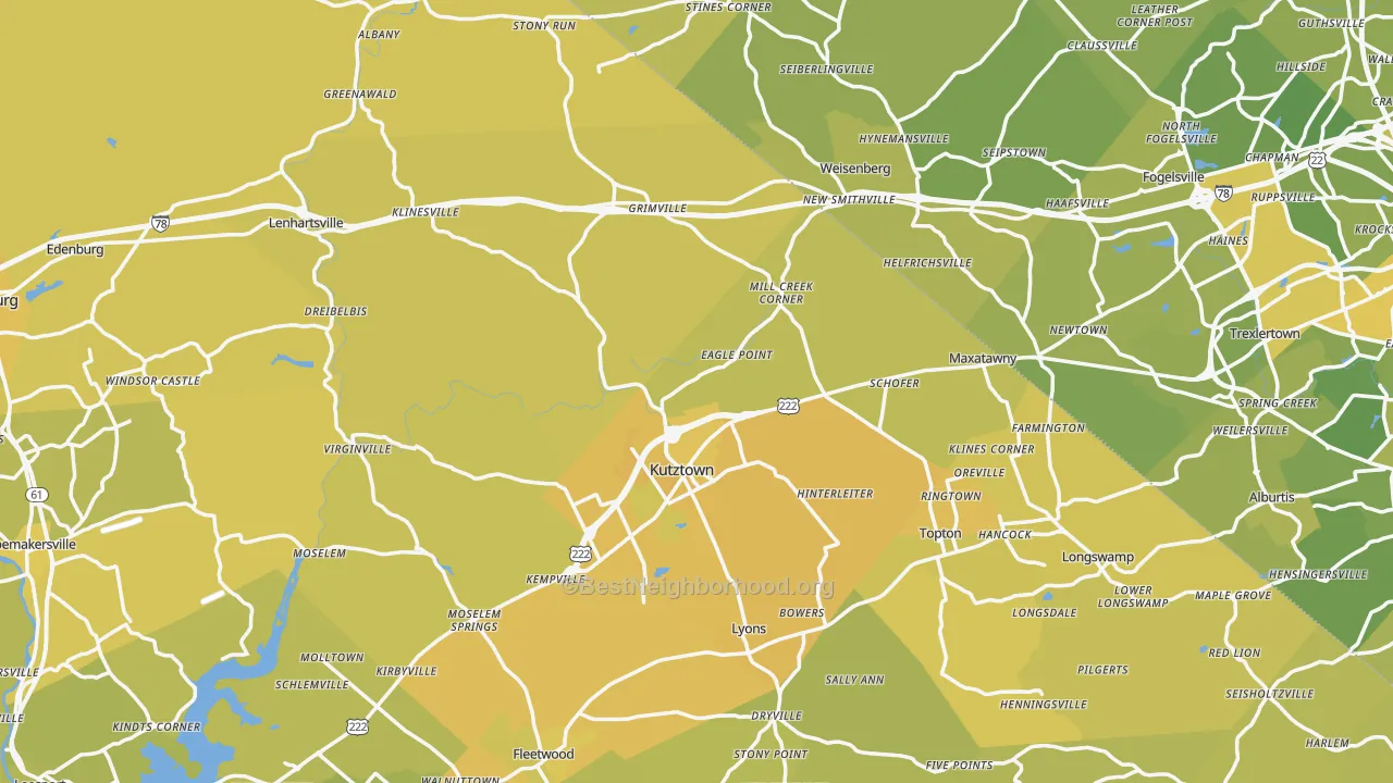 Map of the best neighborhoods in the Kutztown area, with better matches in green and worse matches in red