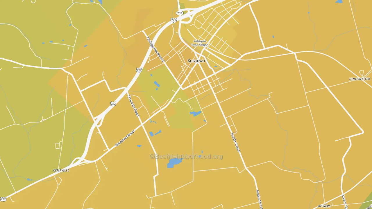 Map of the best neighborhoods in the Kutztown University area, with better matches in green and worse matches in red