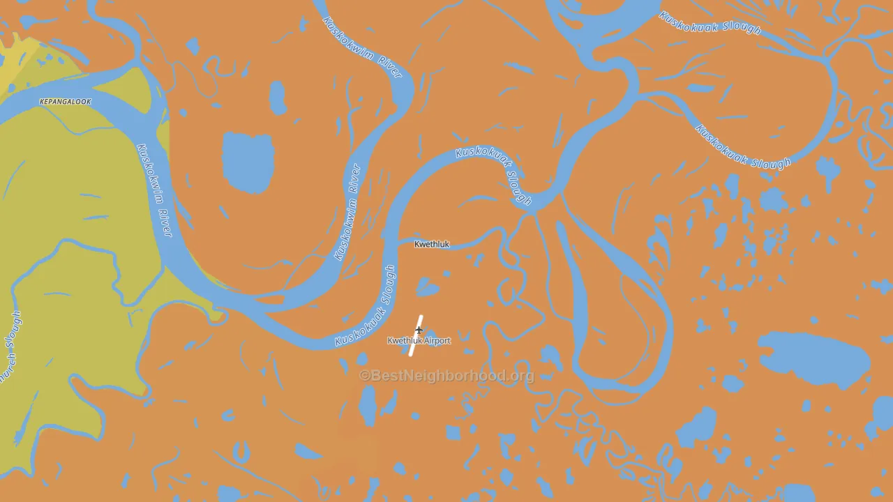 Map of the best neighborhoods in the Kwethluk area, with better matches in green and worse matches in red