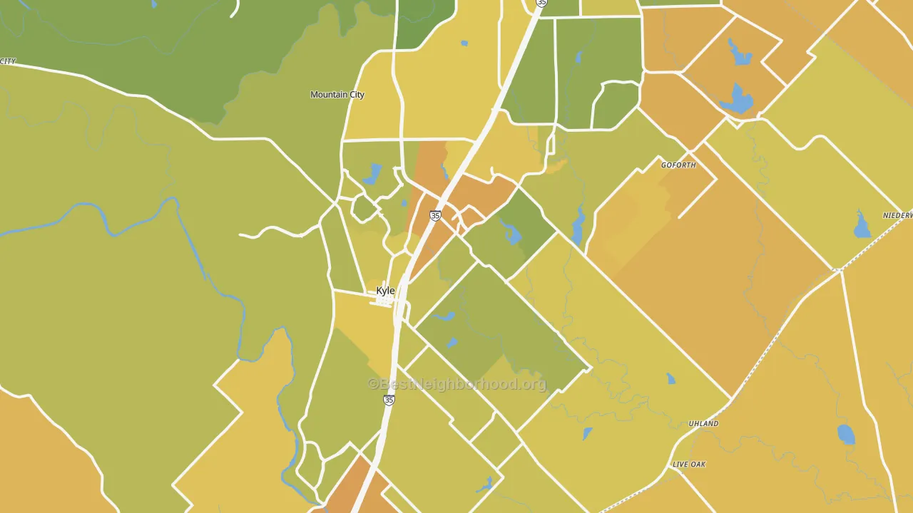 Map of the best neighborhoods in the Kyle area, with better matches in green and worse matches in red