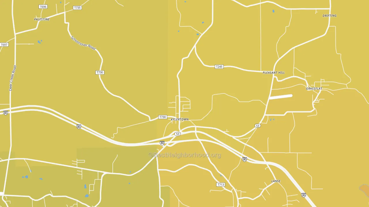 Map of the best neighborhoods in the Kylertown area, with better matches in green and worse matches in red