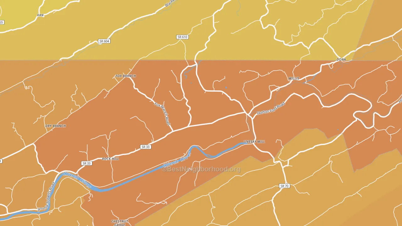 Map of the best neighborhoods in the Kyles Ford area, with better matches in green and worse matches in red