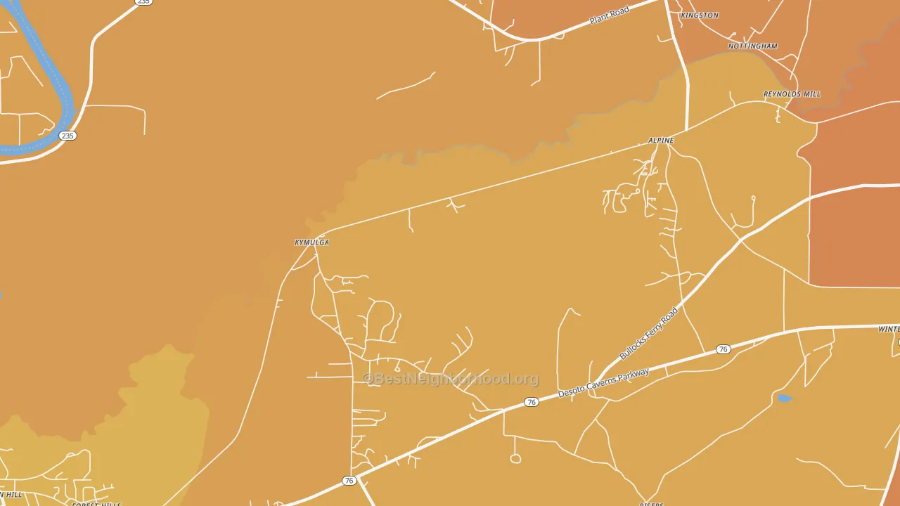 Map of the best neighborhoods in the Kymulga area, with better matches in green and worse matches in red
