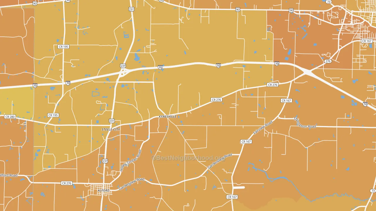 Map of the best neighborhoods in the Kynesville area, with better matches in green and worse matches in red