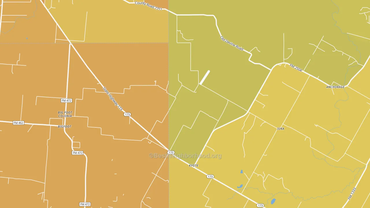 Map of the best neighborhoods in the Kyote area, with better matches in green and worse matches in red