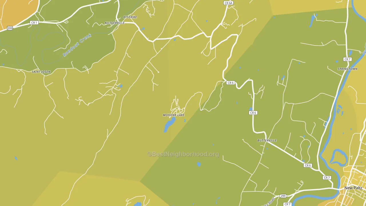 Map of the best neighborhoods in the Kyserike area, with better matches in green and worse matches in red