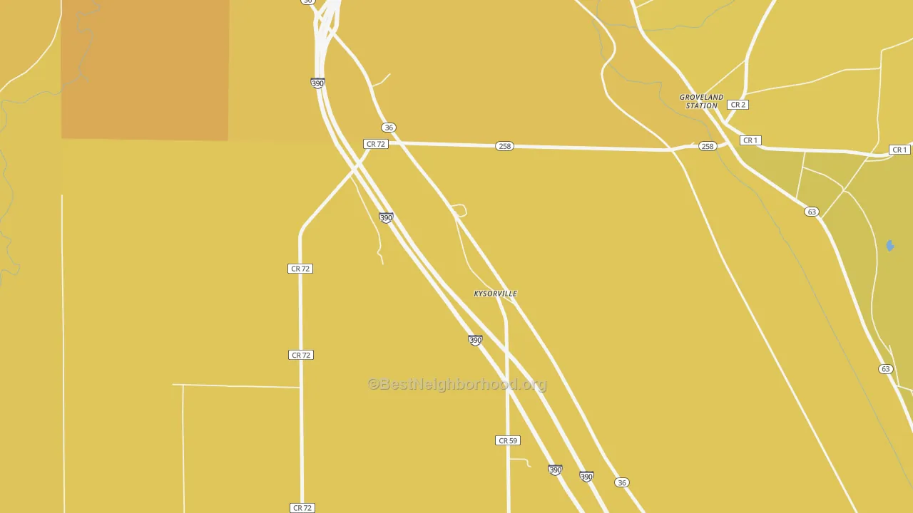 Map of the best neighborhoods in the Kysorville area, with better matches in green and worse matches in red