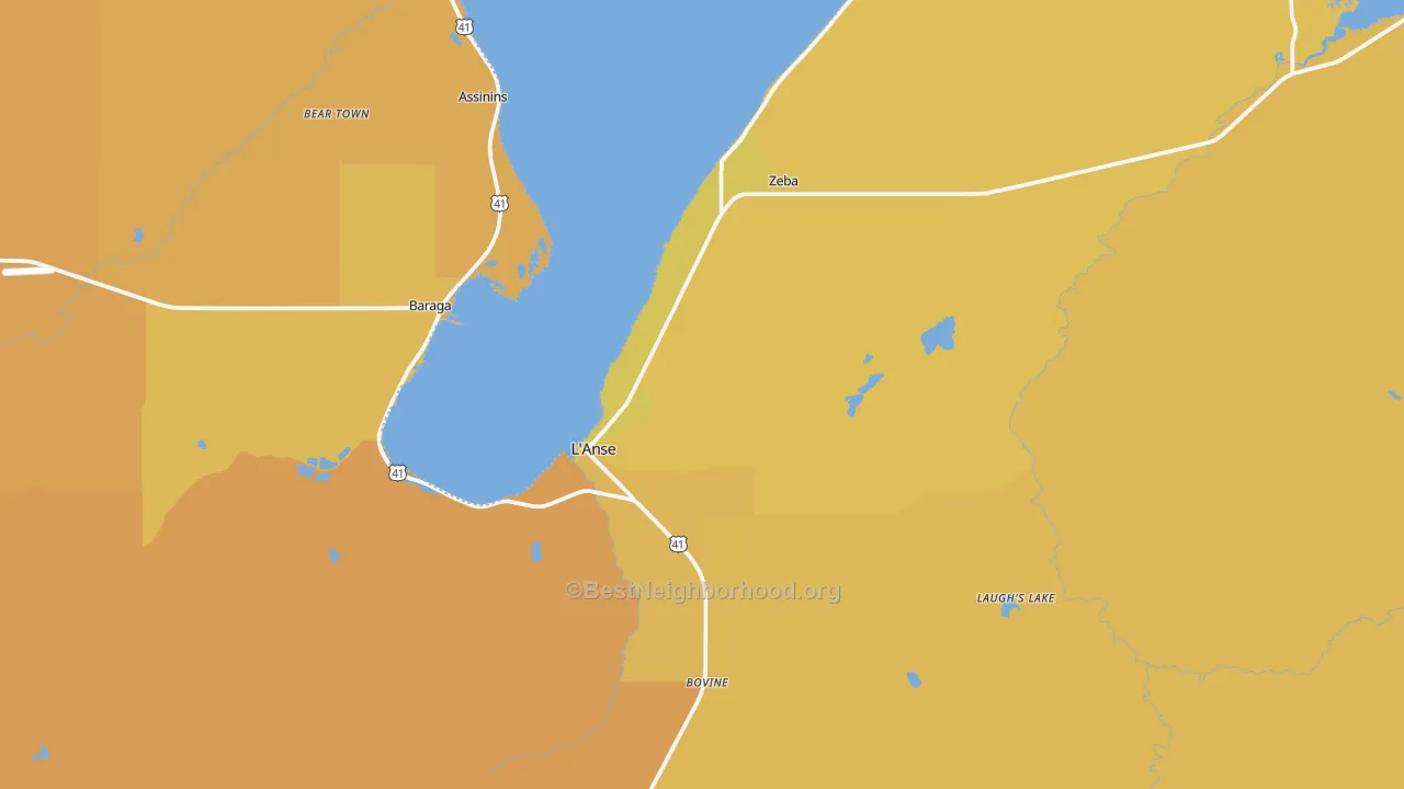 Map of the best neighborhoods in the L'Anse area, with better matches in green and worse matches in red