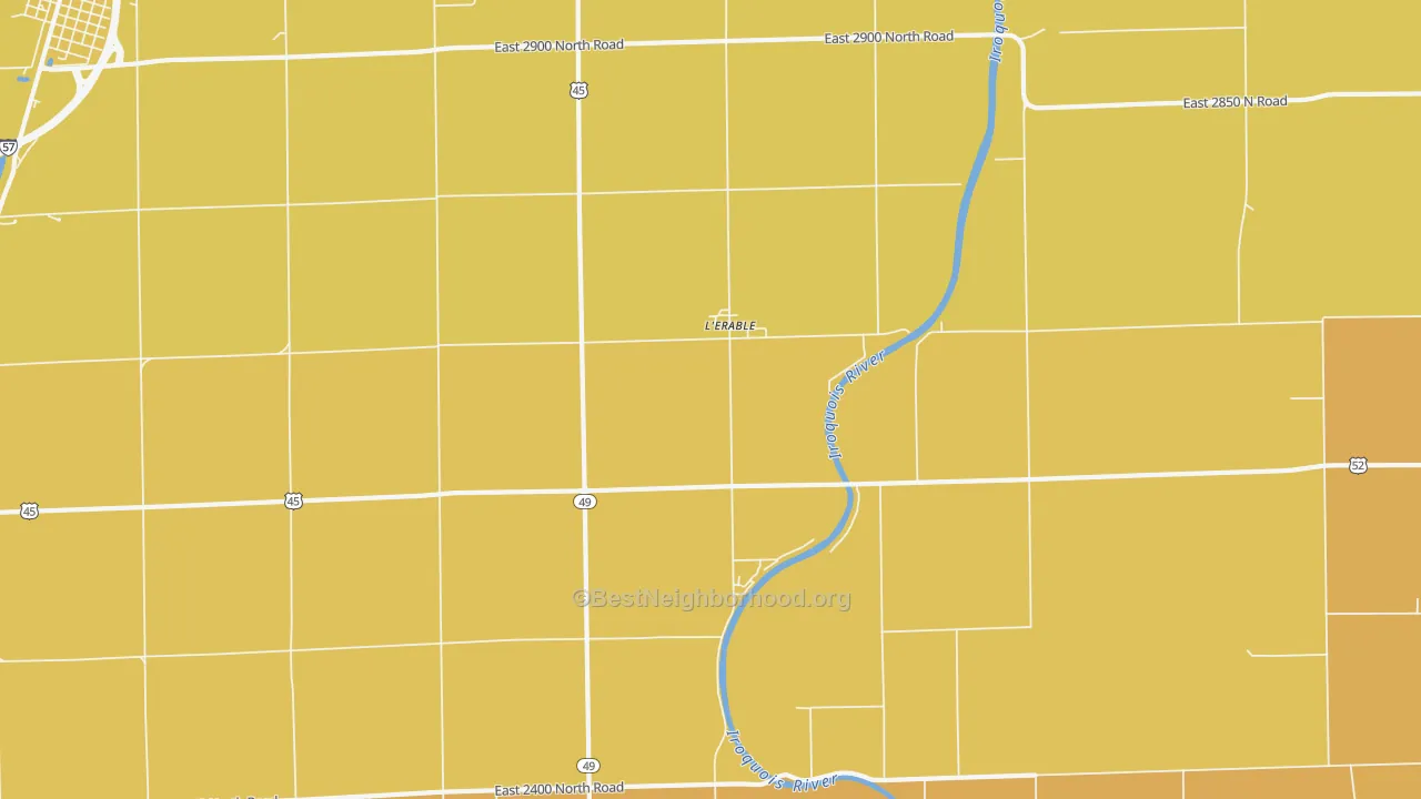 Map of the best neighborhoods in the L'Erable area, with better matches in green and worse matches in red
