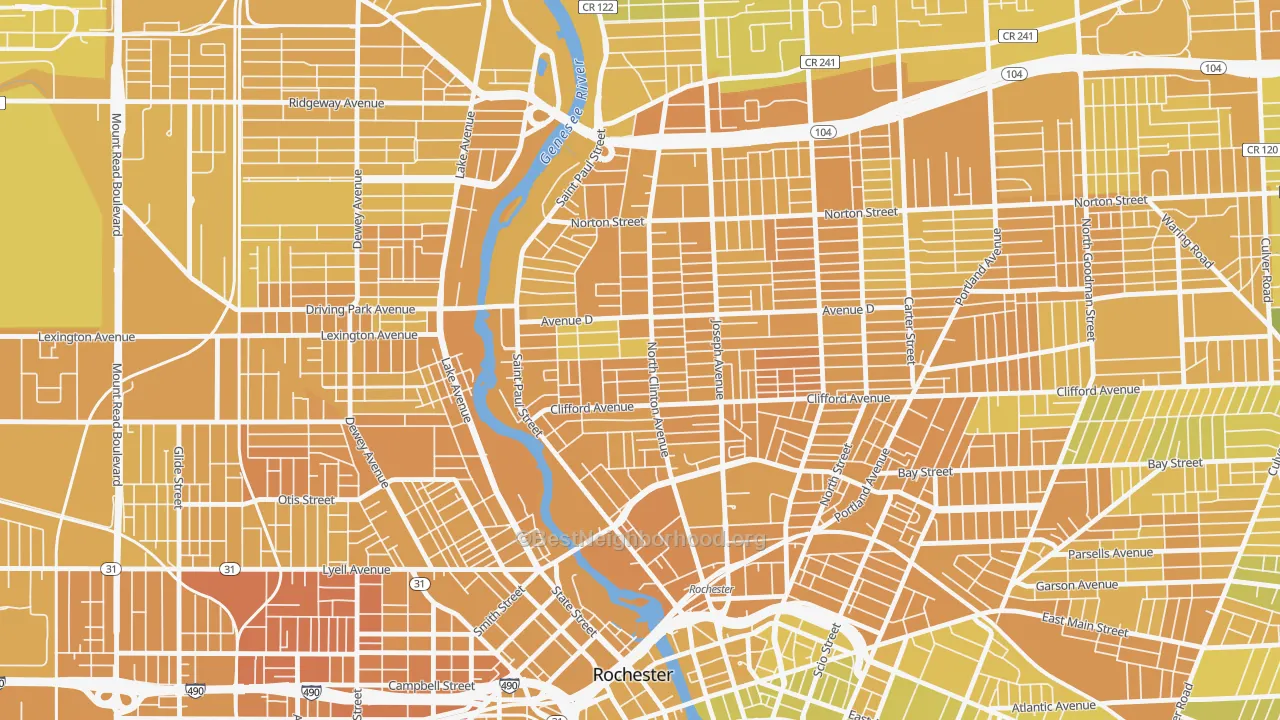 Map of the best neighborhoods in the La Avenida, Rochester area, with better matches in green and worse matches in red