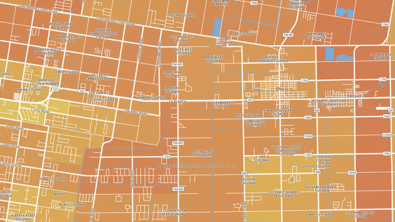 Map of the best neighborhoods in the La Blanca area, with better matches in green and worse matches in red