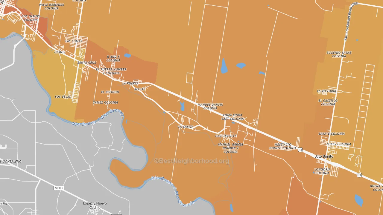Map of the best neighborhoods in the La Casita area, with better matches in green and worse matches in red