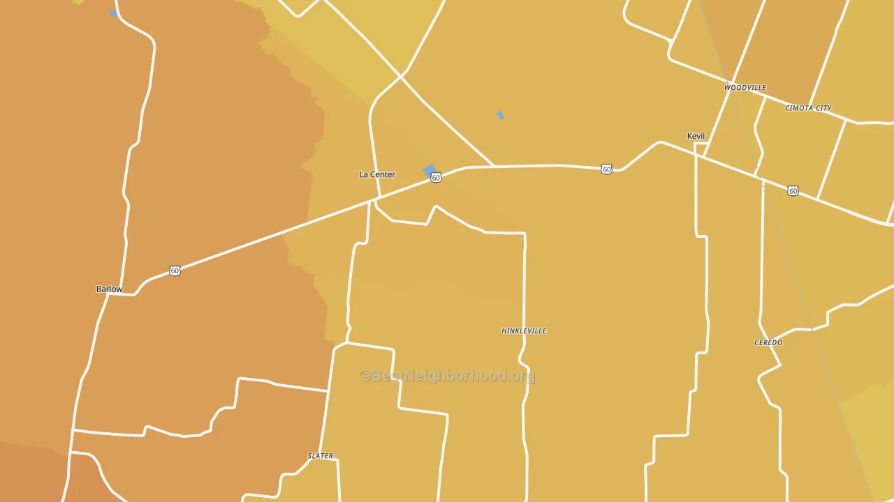 Map of the best neighborhoods in the La Center area, with better matches in green and worse matches in red