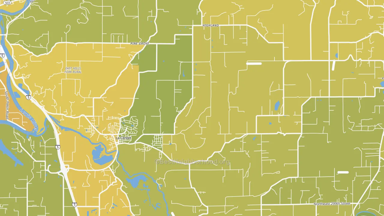 Map of the best neighborhoods in the La Center area, with better matches in green and worse matches in red