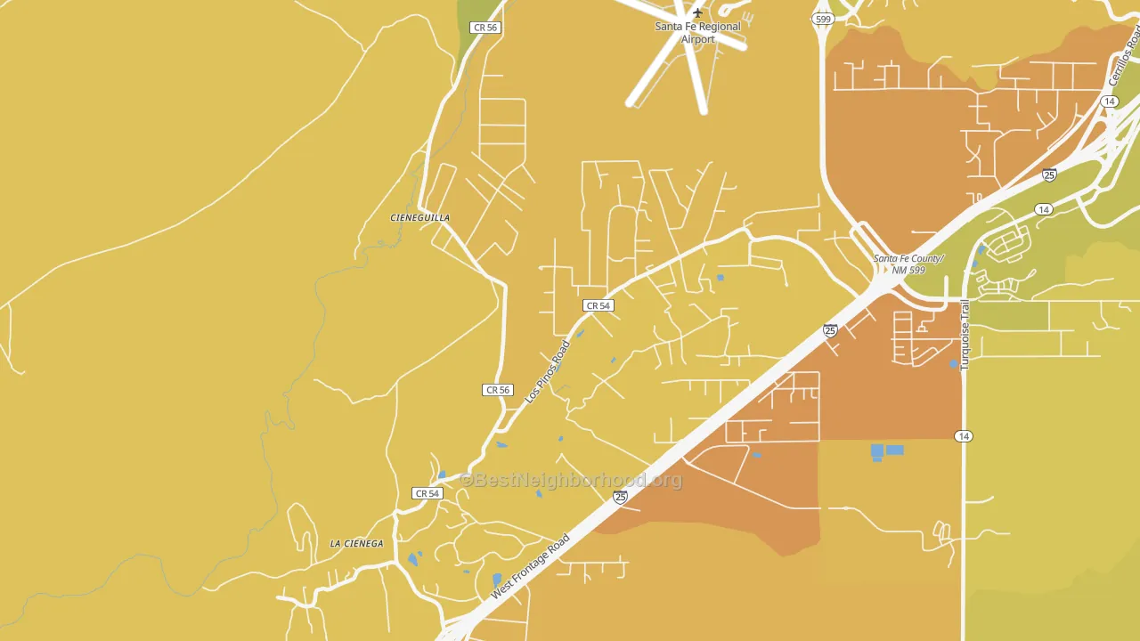 Map of the best neighborhoods in the La Cienega area, with better matches in green and worse matches in red
