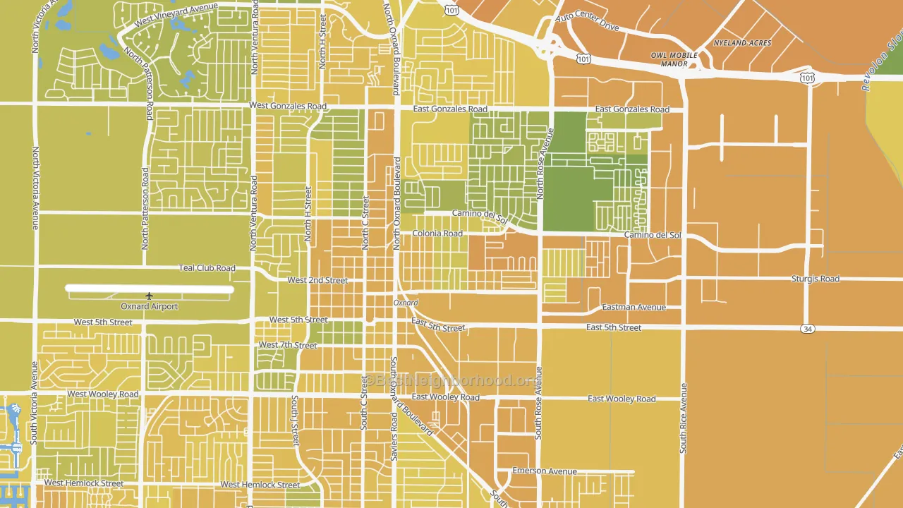 Map of the best neighborhoods in the La Colonia, Oxnard area, with better matches in green and worse matches in red