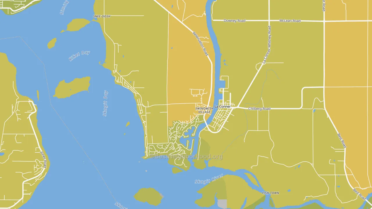 Map of the best neighborhoods in the La Conner area, with better matches in green and worse matches in red