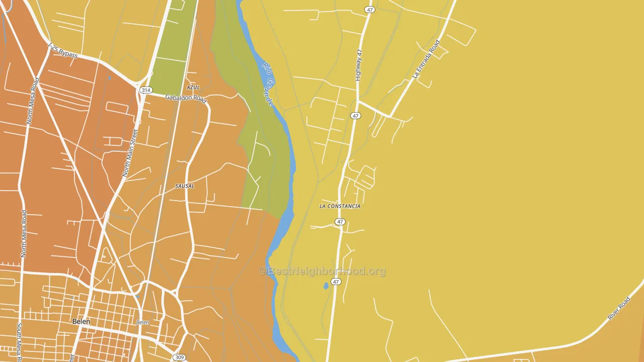 Map of the best neighborhoods in the La Constancia area, with better matches in green and worse matches in red