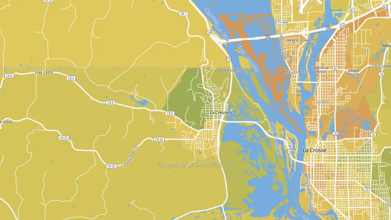 Map of the best neighborhoods in the La Crescent area, with better matches in green and worse matches in red