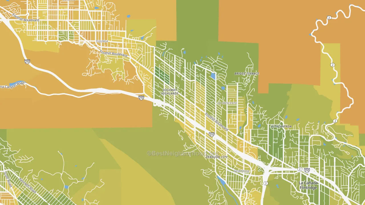 Map of the best neighborhoods in the La Crescenta area, with better matches in green and worse matches in red