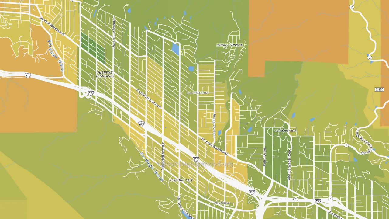Map of the best neighborhoods in the La Crescenta-Montrose area, with better matches in green and worse matches in red
