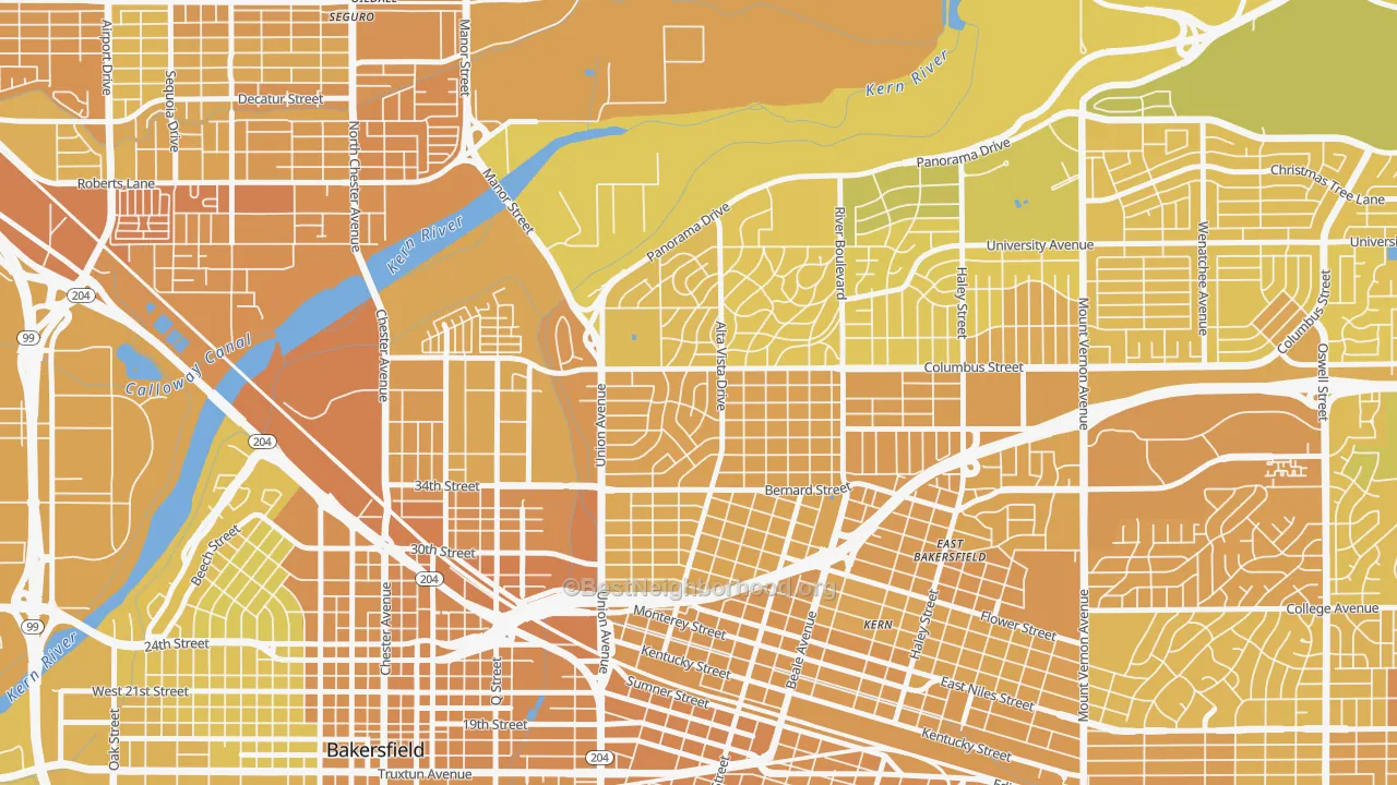 Map of the best neighborhoods in the La Cresta-Alta Vista, Bakersfield area, with better matches in green and worse matches in red