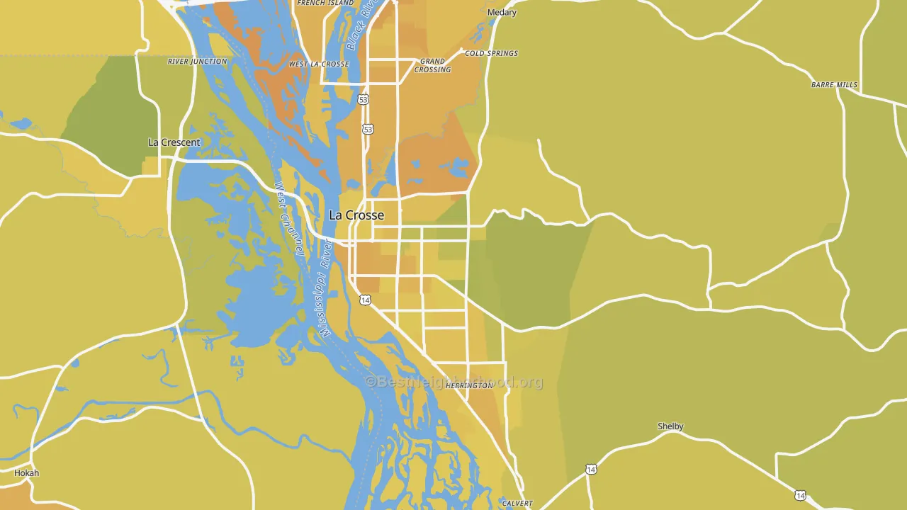 Map of the best neighborhoods in the La Crosse Metro area, with better matches in green and worse matches in red