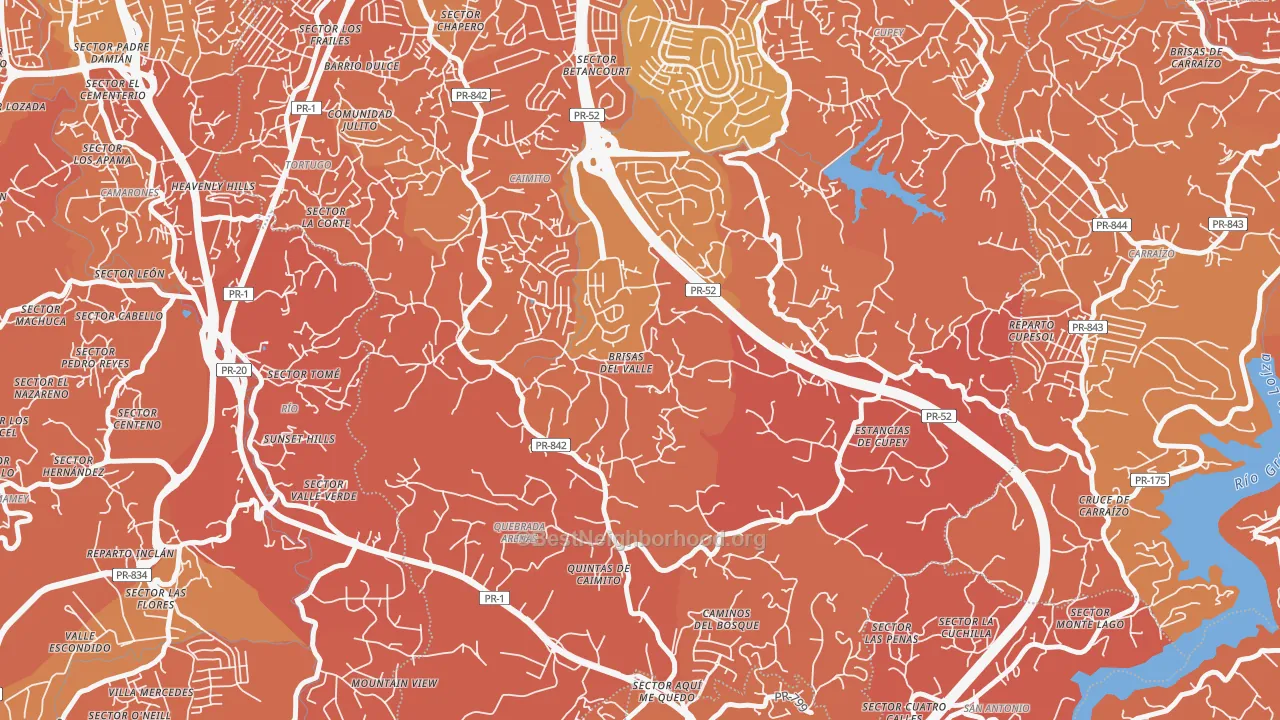 Map of the best neighborhoods in the La Cumbre area, with better matches in green and worse matches in red