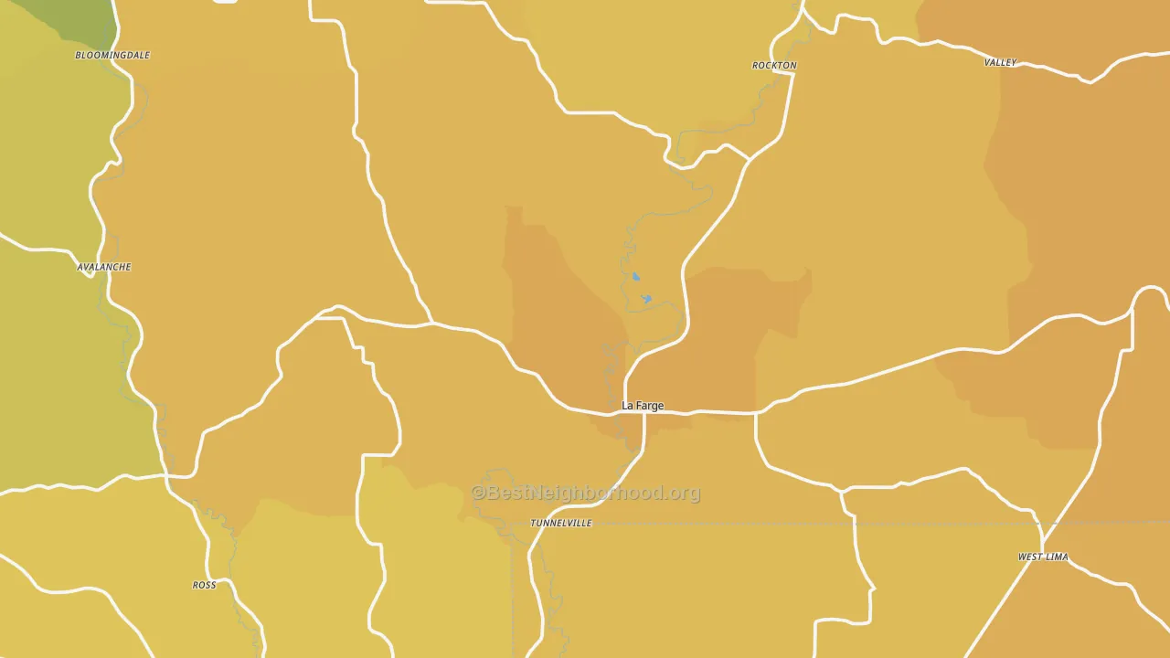 Map of the best neighborhoods in the La Farge area, with better matches in green and worse matches in red