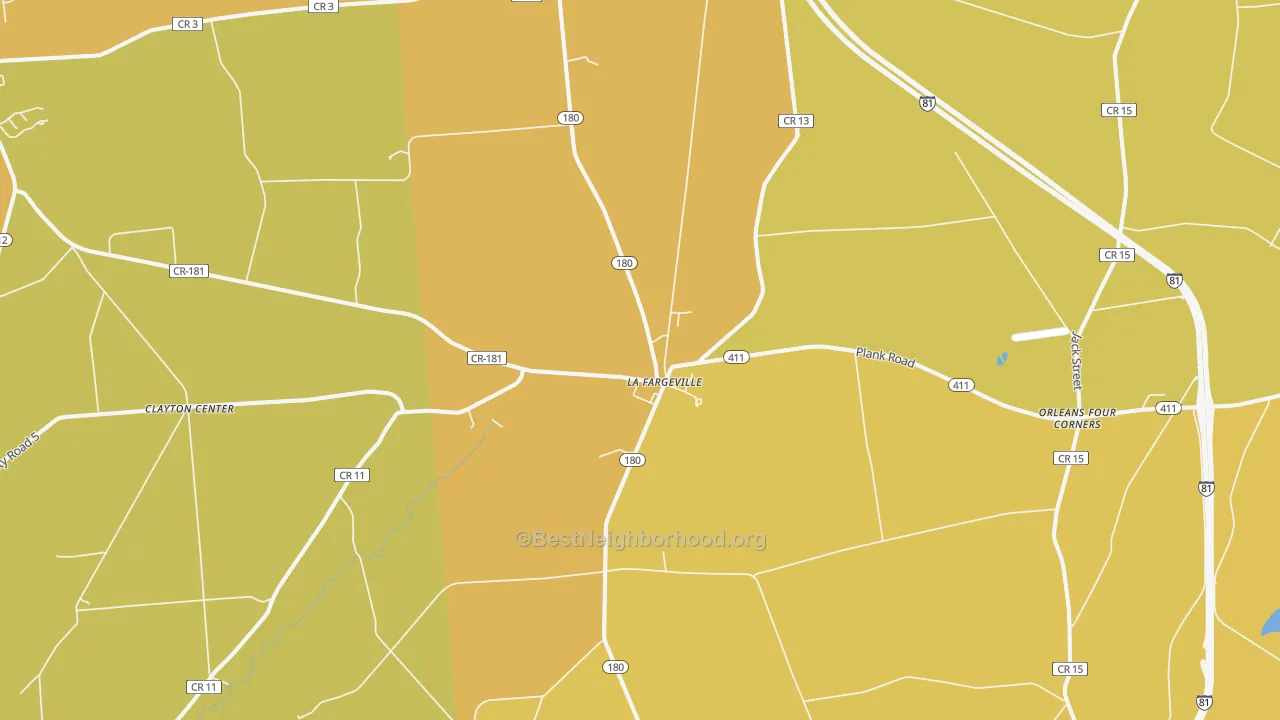 Map of the best neighborhoods in the La Fargeville area, with better matches in green and worse matches in red