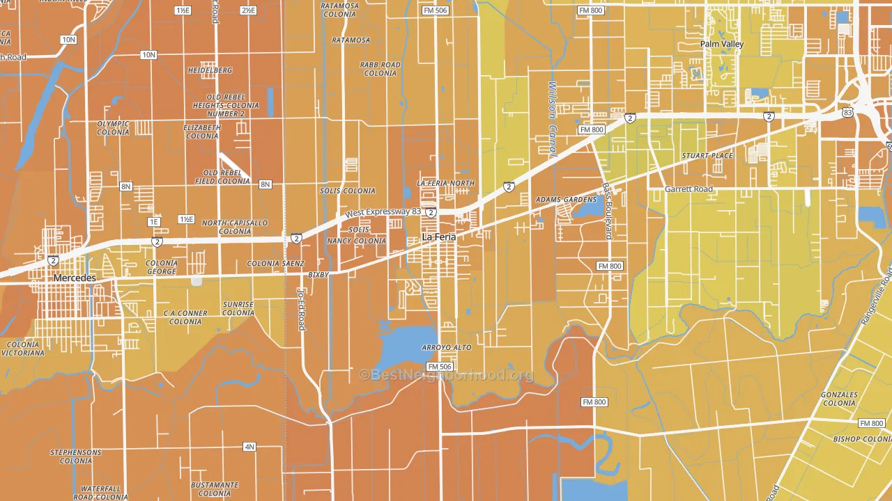 Map of the best neighborhoods in the La Feria area, with better matches in green and worse matches in red